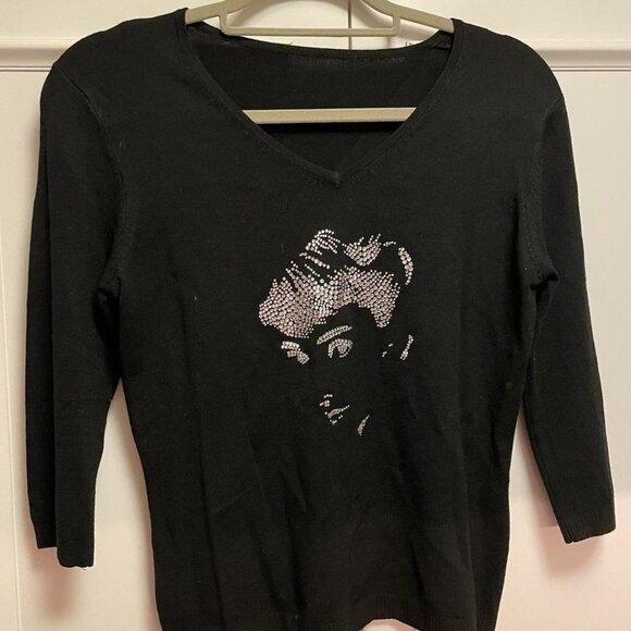 Vintage Audrey Hepburn Crystal V-Neck Sweater - S - Picture 5 of 9